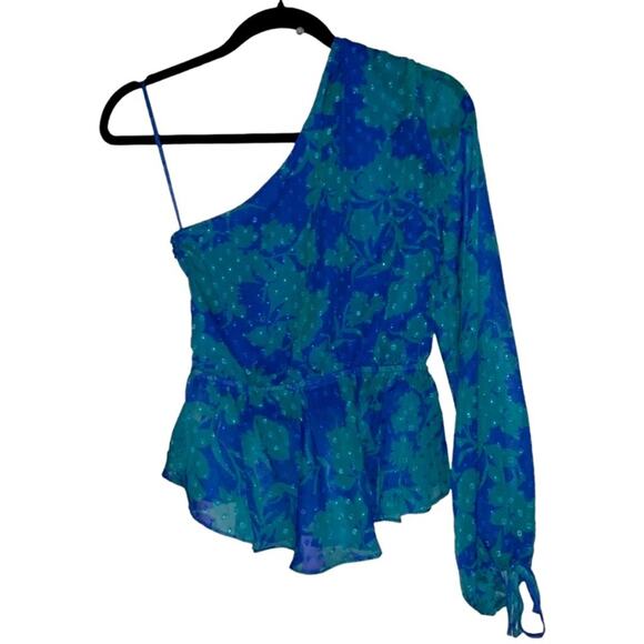VICI Blue Green One Shoulder Floral Peplum Blouse Top XS NWT - Picture 6 of 9